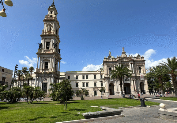 Front view of the Basilica of the Madonna of the Rosary in Piazza Bartolo Longo, the central square of modern Pompeii