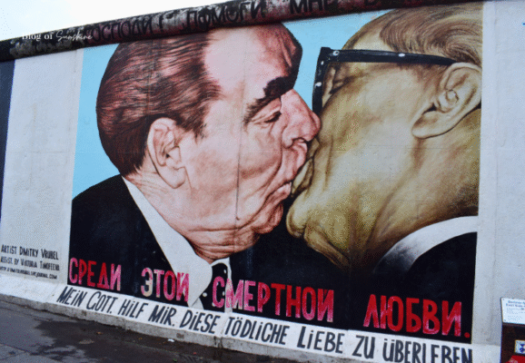 Dmitri Vrubel’s 'Fraternal Kiss' mural of Brezhnev and Honecker on the Berlin Wall