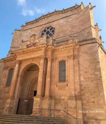 Cathedral of Menorca in Ciutadella with Gothic facade under a clear blue sky