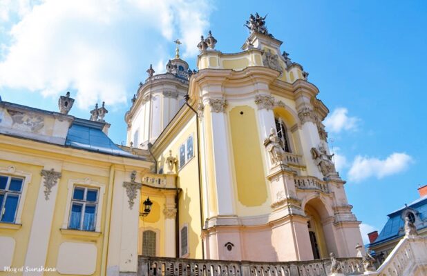 Close-up of the ornate Baroque architecture of St. George’s Cathedral in Lviv, Ukraine on a sunny day