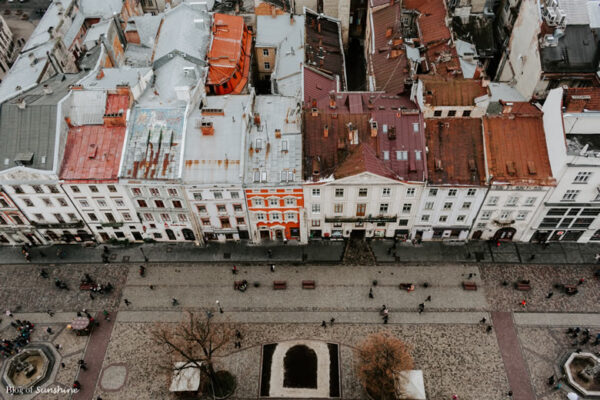 Panoramic view of Rynok Square from the top of Lviv Town Hall in Ukraine
