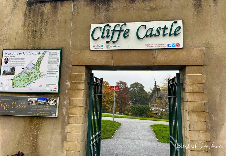 Entrance to Cliffe Castle Keighley with view of the car park and gardens