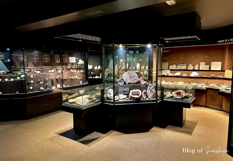 Wide view of geology and rock displays inside Cliffe Castle Museum Keighley