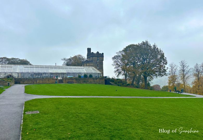 View of Cliffe Castle Keighley and glasshouse from the upper lawn