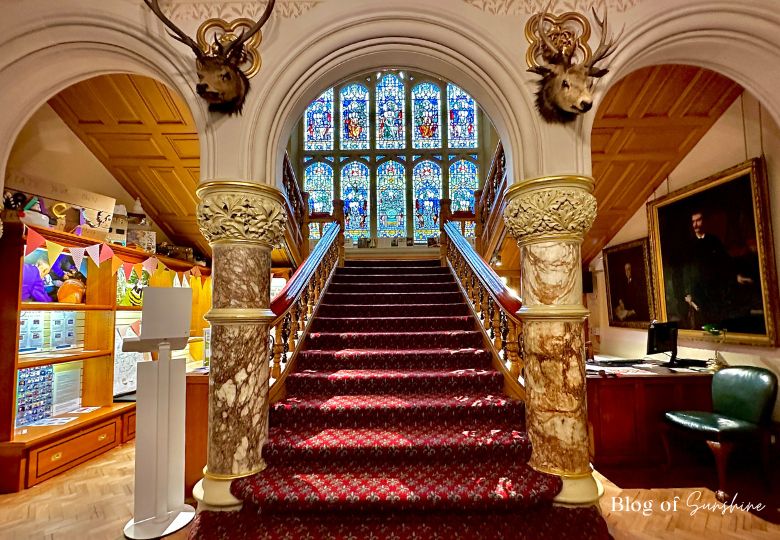 Victorian stained glass staircase and grand entrance hall at Cliffe Castle Keighley