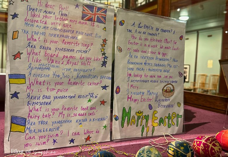 Handwritten Easter letters from Ukrainian children on display at Cliffe Castle Keighley