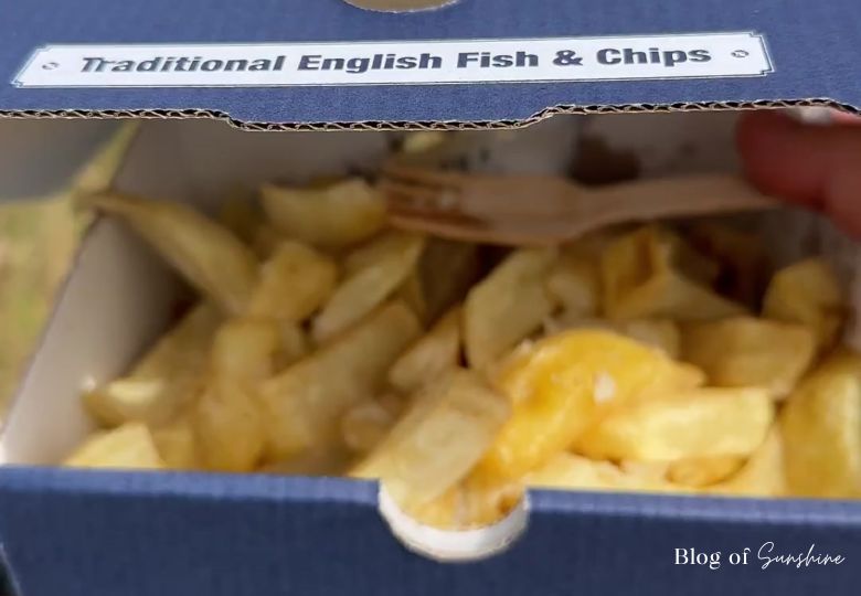Traditional English fish and chips from Downey’s Seaham served in a takeaway box