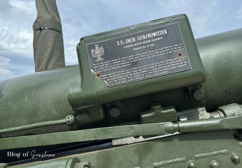 Close-up of the plaque on Seaham artillery gun detailing specifications and WWII history