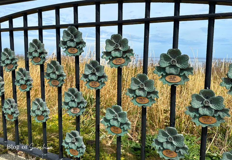 Memorial railings at Seaham Remembrance Garden with poppy plaques honouring local soldiers.
