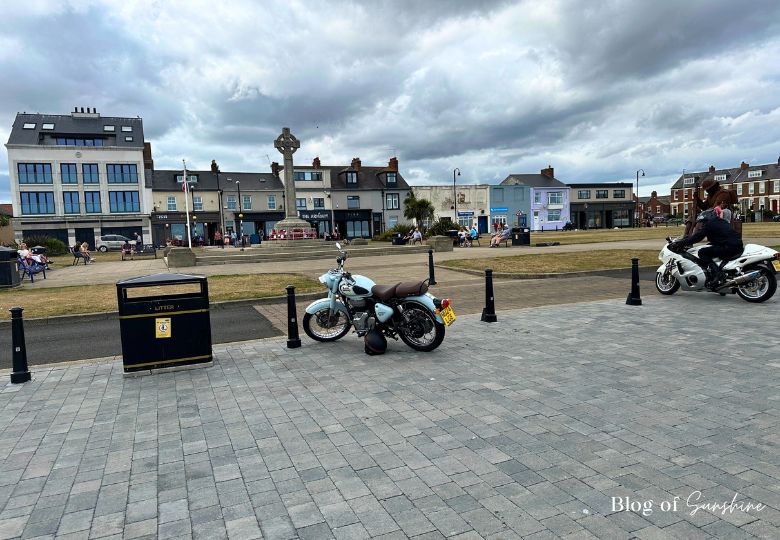 Motorbikes parked in Seaham town square, a popular meeting spot for bikers on the Durham coast.