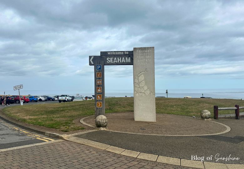 Welcome to Seaham sign and Durham Heritage Coast monument near Seaham Beach