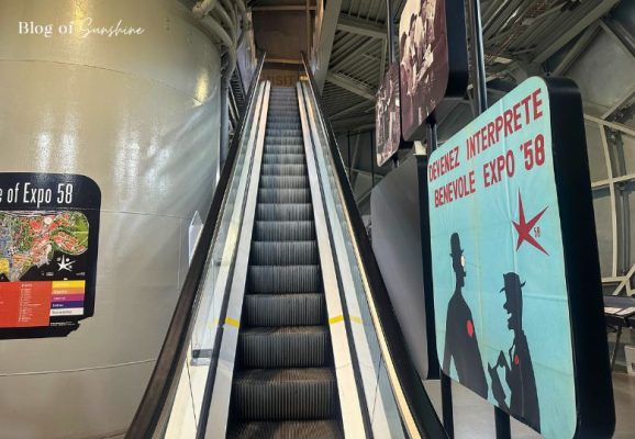 Escalator leading to the Expo 58 exhibition inside the Atomium in Brussels