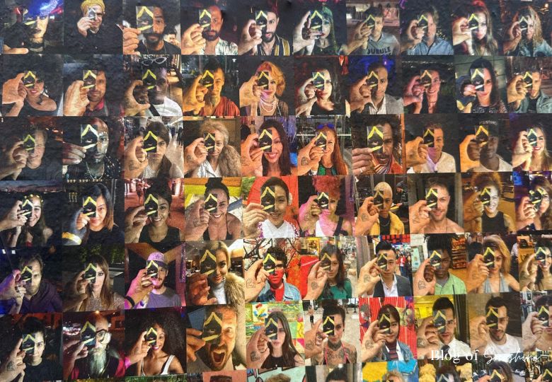 Close-up of photo mosaic in Brussels street art with people holding yellow stars