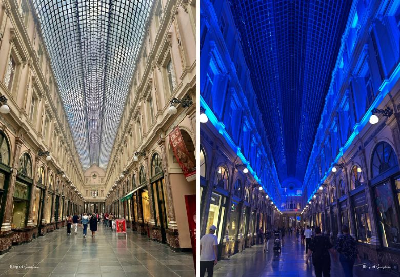 Comparison of Galeries Royales in Brussels during day and night
