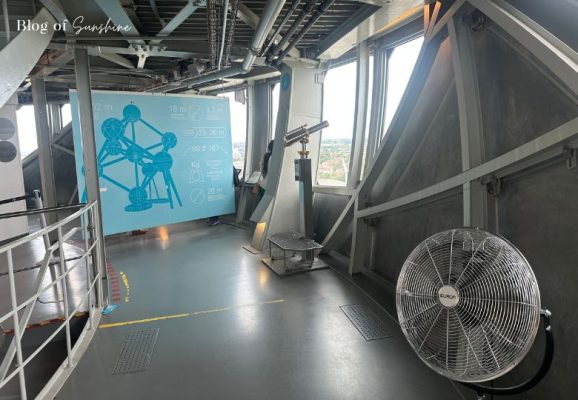 Interior of the Atomium’s top sphere with display panel and telescope