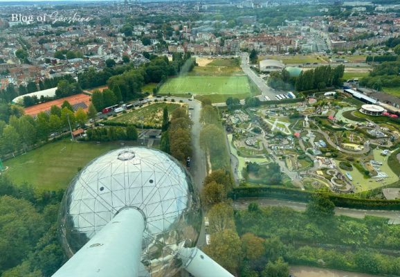 Aerial view of Mini-Europe and Brussels cityscape from the Atomium