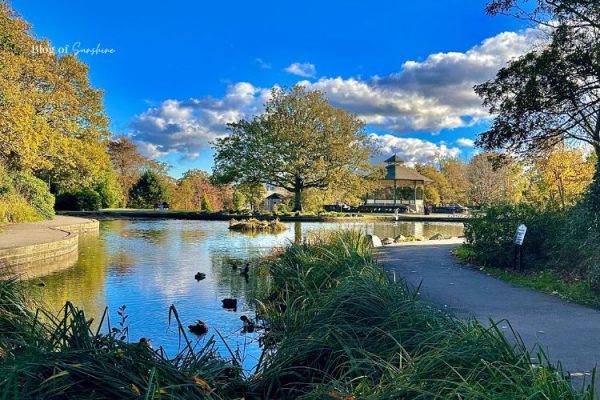 Autumn walk around Greenhead Park Huddersfield with lake and Victorian bandstand