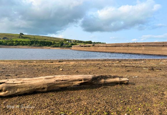 Exposed shoreline at Baitings Reservoir with a driftwood log in the foreground, concrete blocks by the water and the dam wall beyond