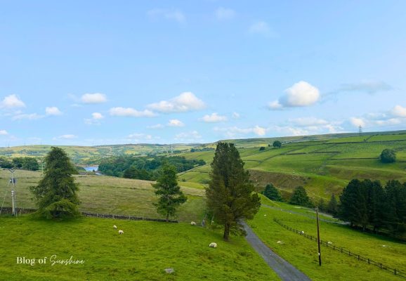 View to the right from the end of Baitings Reservoir dam showing the path dropping down towards the reservoir and surrounding countryside