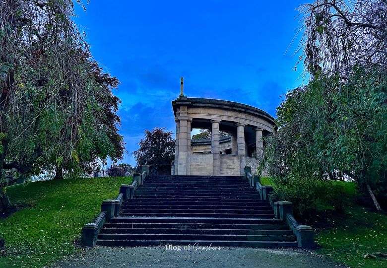 Steps leading to the war memorial colonnade in Greenhead Park Huddersfield