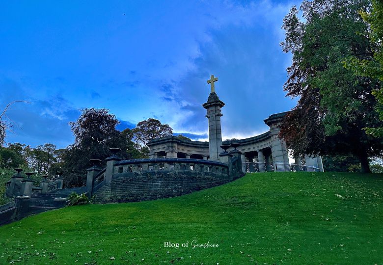 War memorial cross and curved terrace at Greenhead Park Huddersfield