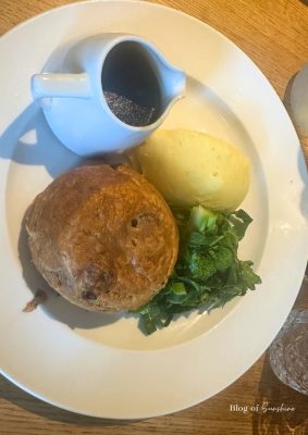 Homemade steak and ale pie with mashed potato, greens and gravy at The Malt House pub in Rishworth