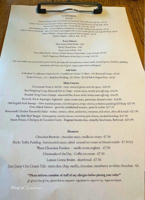 Sunday menu at The Malt House pub in Rishworth with roast dinners and classic pub mains listed