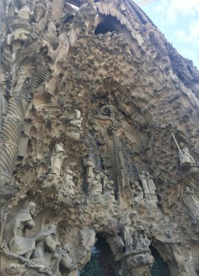 Ornate sculptural detail on the Nativity Facade of the Sagrada Família