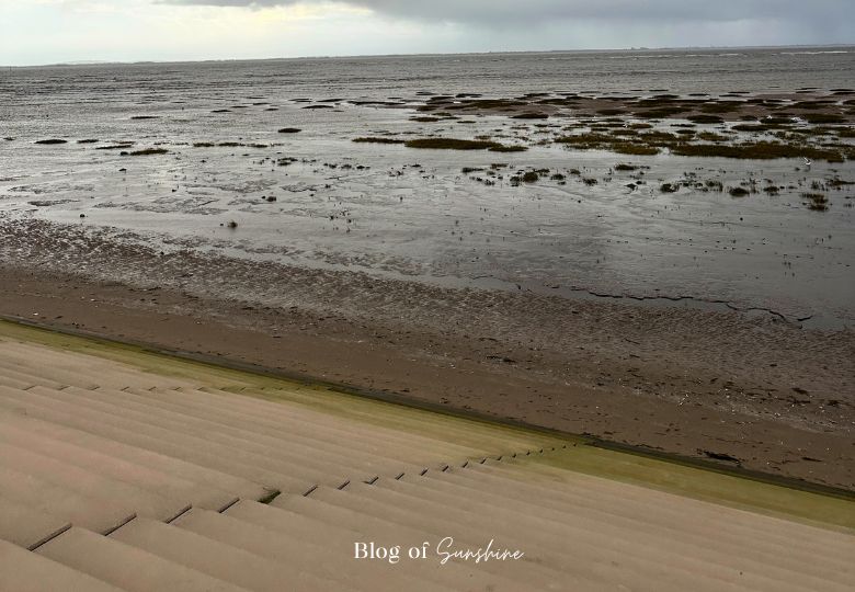 Concrete steps leading down to the tidal sands and marshes at St Anne’s beach during low tide