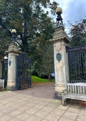 Ornate wrought iron Benson Memorial Gates leading into Hexham’s park