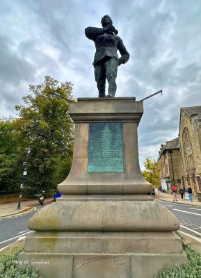 Statue of Lieutenant Colonel George Elliott Benson outside the entrance to Hexham park