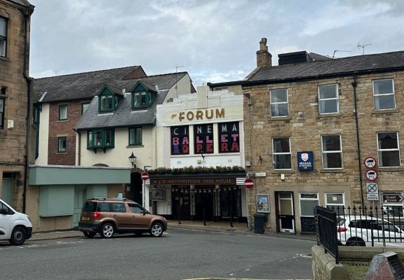 Art Deco frontage of the Forum Cinema in Hexham Market Place, independent cinema in Northumberland