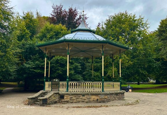Victorian bandstand surrounded by trees in Hexham park in Northumberland