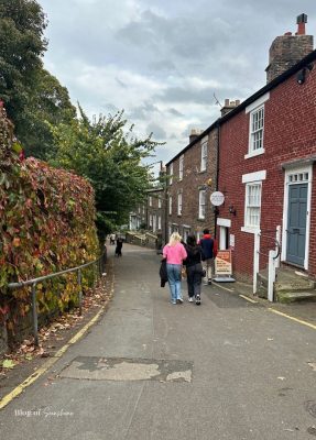 People walking down the steep path from Wentworth Car Park past Wentworth Café and brick houses towards Hexham town centre