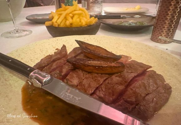 Steak main course served at Seaham Hall Hotel restaurant in County Durham