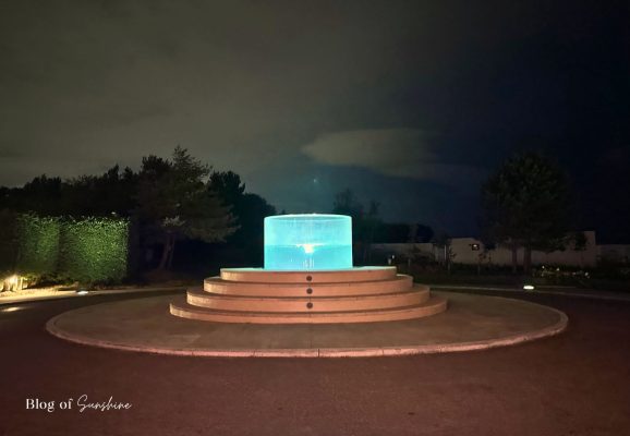 Seaham Hall vortex fountain glowing at night outside the hotel entrance