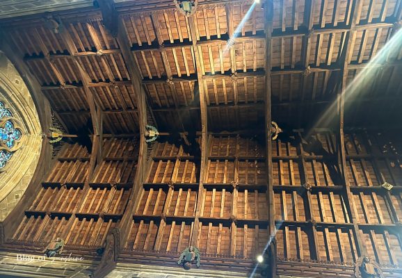 Timber roof and beams inside St John the Baptist Church Tideswell (Buxton)