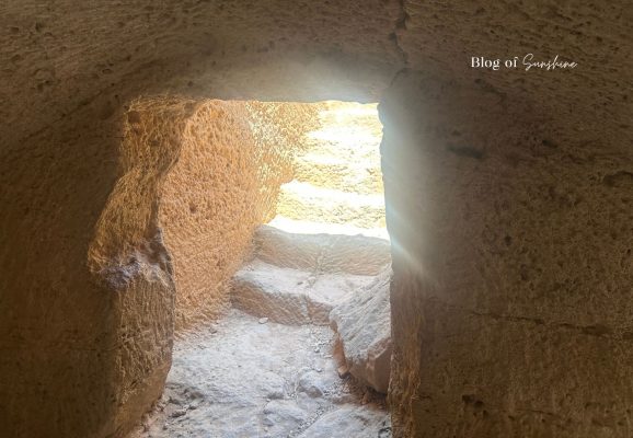 Interior of a rock-cut chamber near the Burial Mound area at Tombs of the Kings in Paphos Cyprus