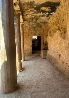 Interior corridor with stone columns inside Tomb 3 at Tombs of the Kings in Paphos Cyprus