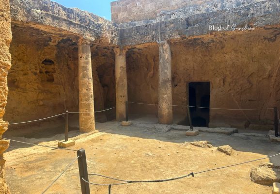 Stone columns and underground chambers inside Tomb 4 at Tombs of the Kings in Paphos Cyprus