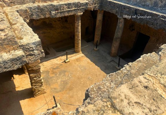 View from above of the underground courtyard and columns inside Tomb 4 at Tombs of the Kings in Paphos Cyprus