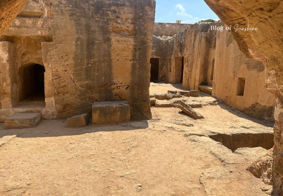 Underground rock-cut courtyard with chambers at Tombs of the Kings in Paphos Cyprus