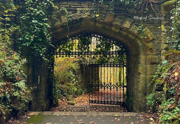 Historic stone archway with ornate wrought-iron gates and ivy-covered walls in the lower woodland area of Beaumont Park, Huddersfield.